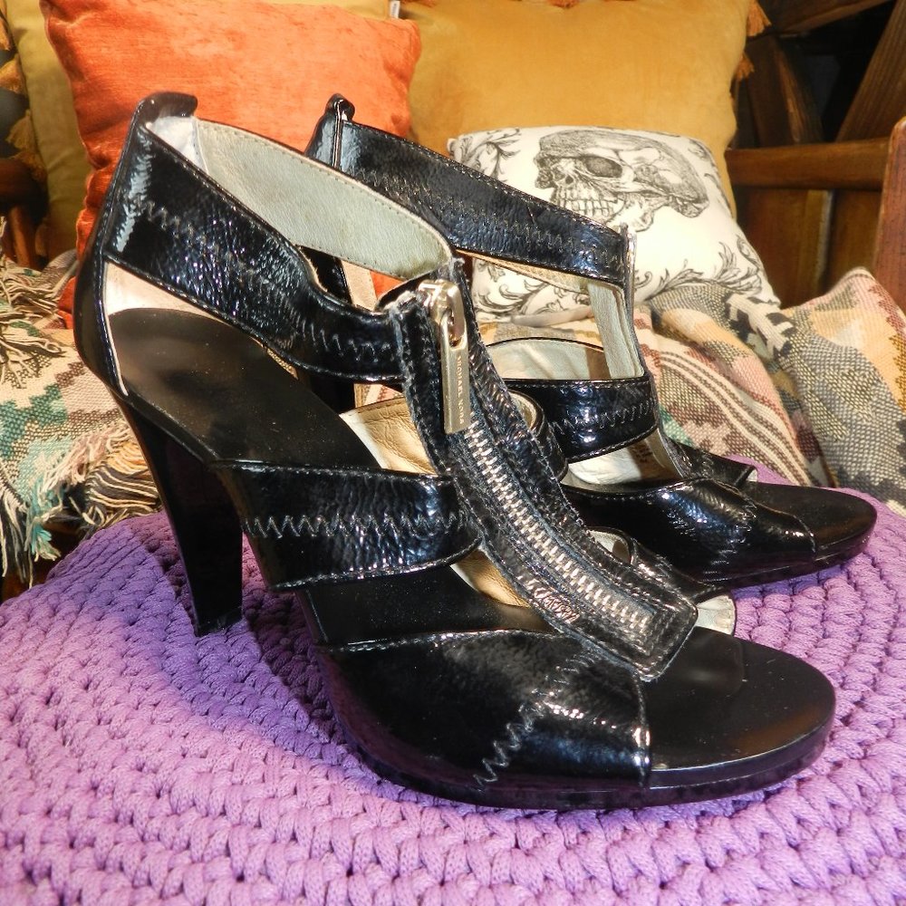 Michael Kors Womens Black Leather Zip Up Sandal High Heel Formal Open Toe Size 6